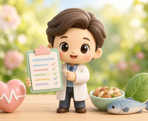 Illustration of a cholesterol lab report with a heart and healthy food