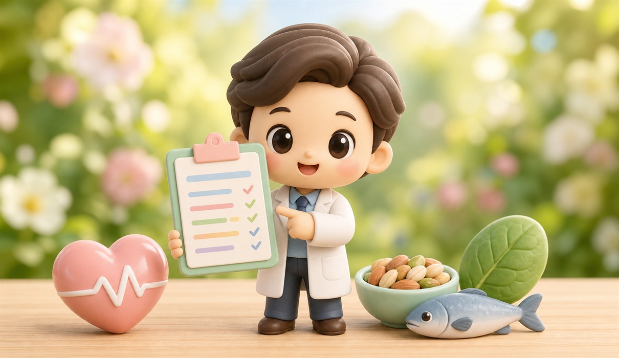 Illustration of a cholesterol lab report with a heart and healthy food