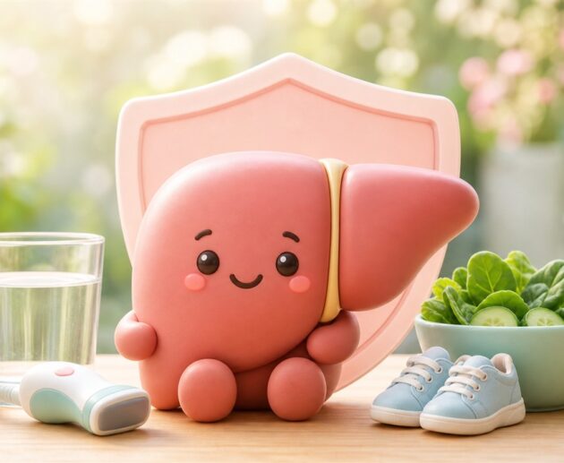 Illustration of a friendly liver character with healthy food and an ultrasound