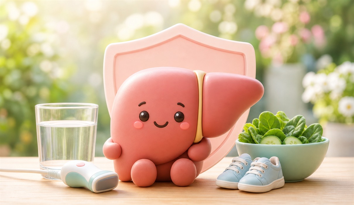 Illustration of a friendly liver character with healthy food and an ultrasound