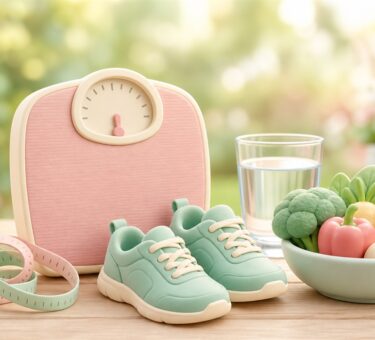 Illustration of a measuring tape, weighing scale and walking shoes for a healthy weight