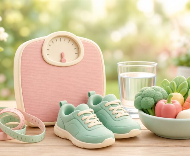 Illustration of a measuring tape, weighing scale and walking shoes for a healthy weight