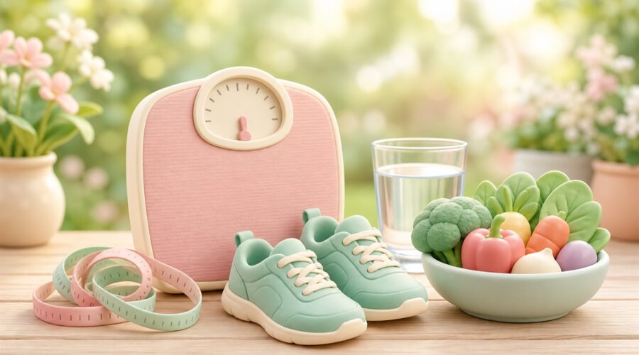 Illustration of a measuring tape, weighing scale and walking shoes for a healthy weight