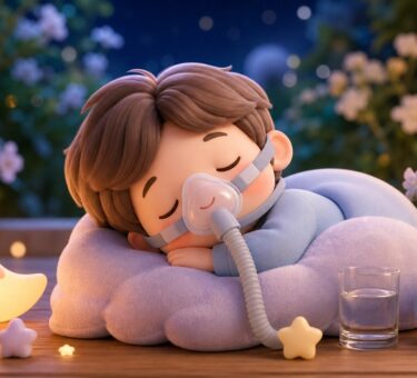 Illustration of restful sleep with a pillow, moon and a CPAP mask