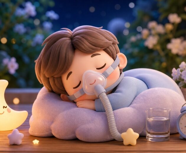Illustration of restful sleep with a pillow, moon and a CPAP mask