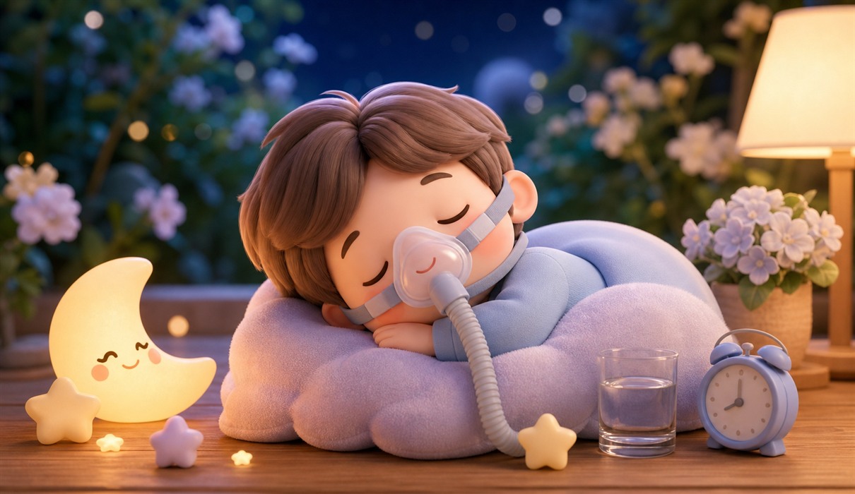 Illustration of restful sleep with a pillow, moon and a CPAP mask