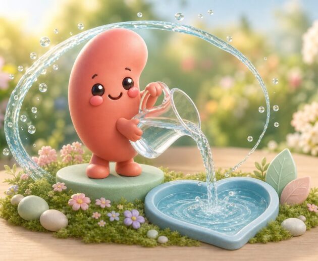 Illustration of a happy kidney character pouring water, showing water supports kidney health