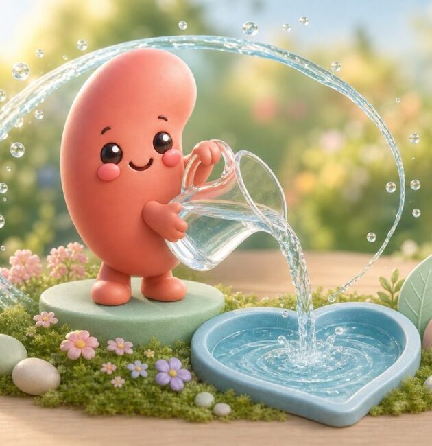 Illustration of a happy kidney character pouring water, showing water supports kidney health