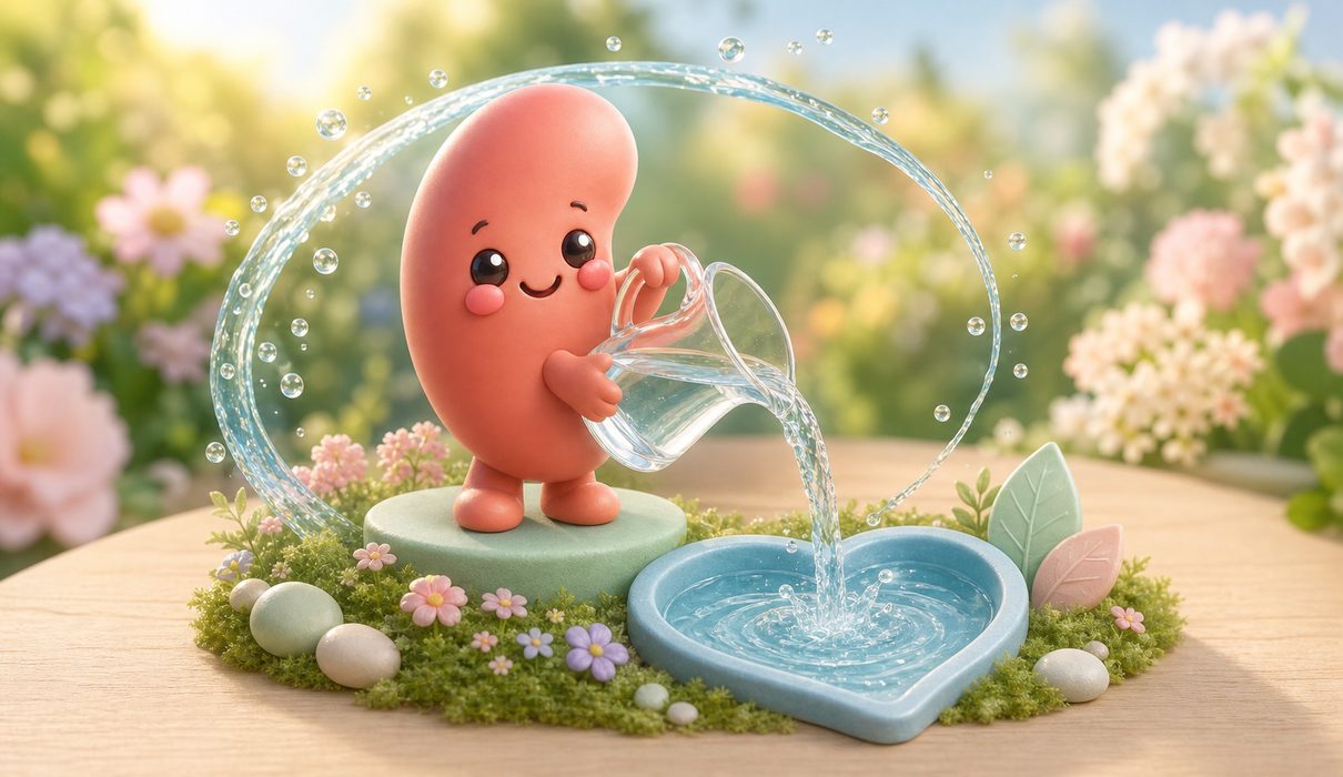 Illustration of a happy kidney character pouring water, showing water supports kidney health