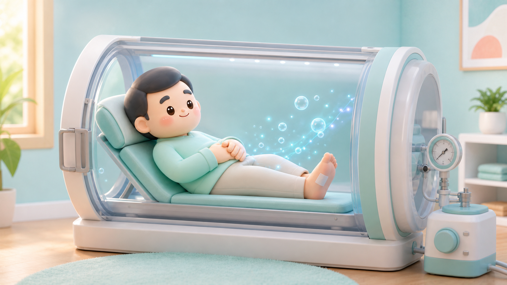 Illustration of a patient receiving hyperbaric oxygen therapy with a dressing on the foot