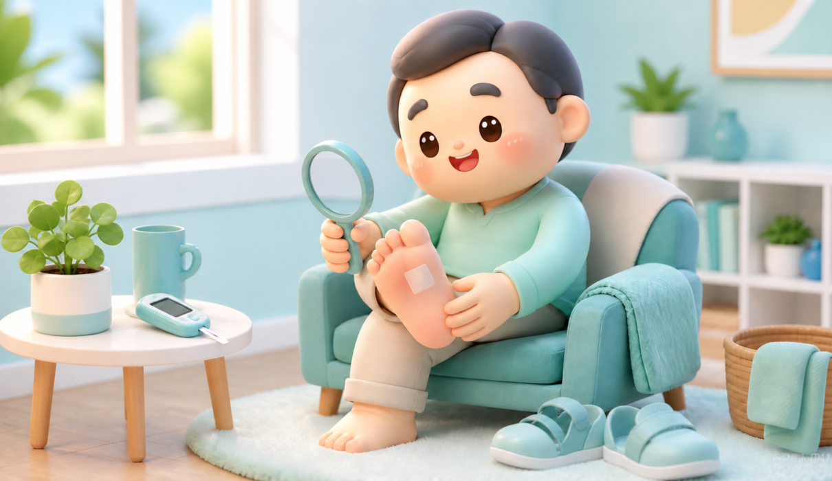 Illustration of a person checking the sole of their foot with a mirror, with a glucose meter and protective footwear nearby