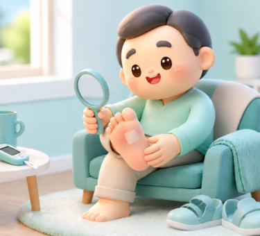 Illustration of a person checking the sole of their foot with a mirror, with a glucose meter and protective footwear nearby
