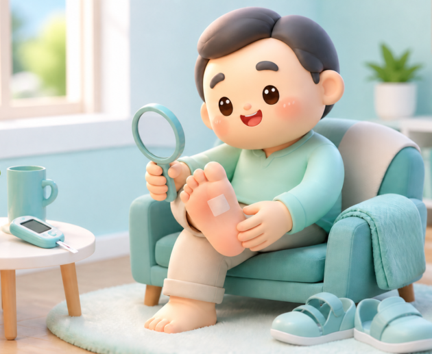 Illustration of a person checking the sole of their foot with a mirror, with a glucose meter and protective footwear nearby